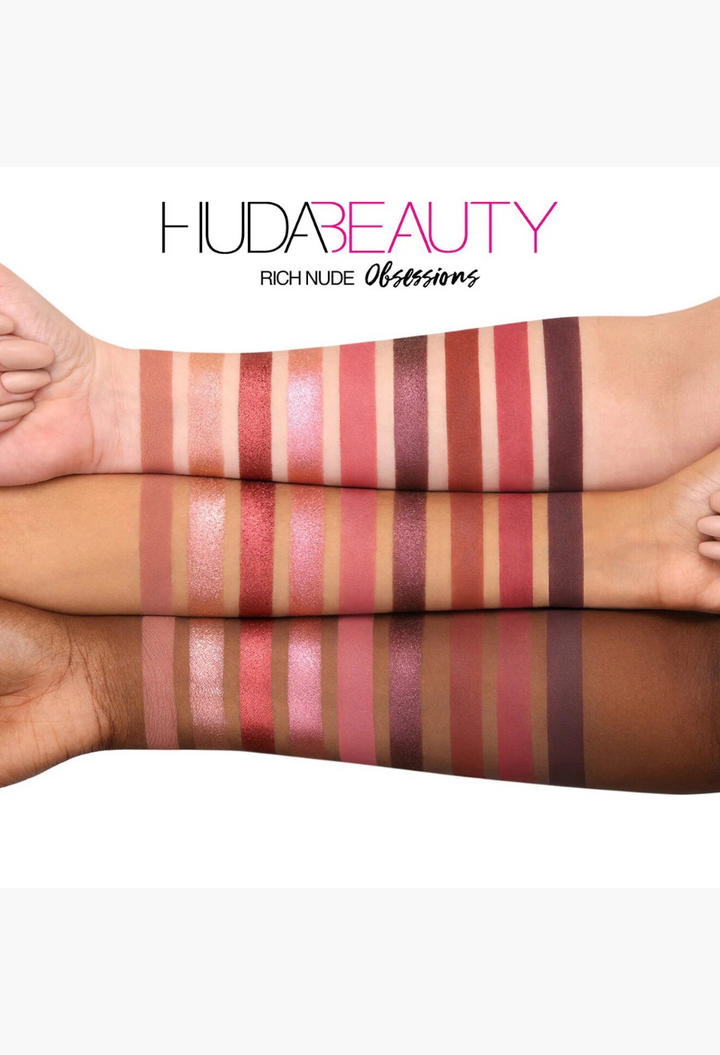 GLAM MODA Huda Beauty Rich Nude Obsessions eyeshadow palette swatches on three different skin tones showing matte and shimmer finishes.