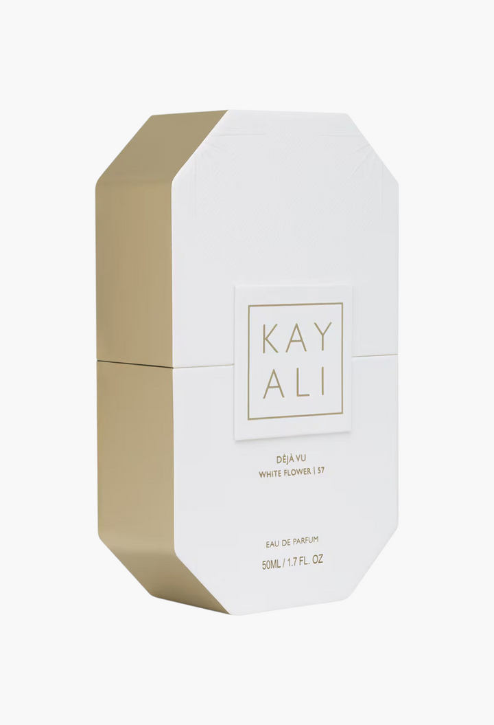 GLAM MODA Kayali Déjà Vu White Flower 57 eau de parfum in a white and gold octagonal box