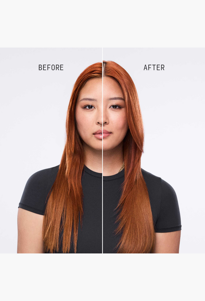 GLAM MODA hydrating conditioner results showing a model with smooth, shiny, and detangled copper-toned hair.