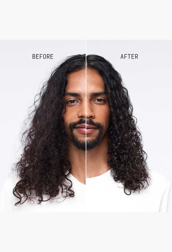 GLAM MODA Hydrating Conditioner before and after results on a man with long curly hair showing improved definition