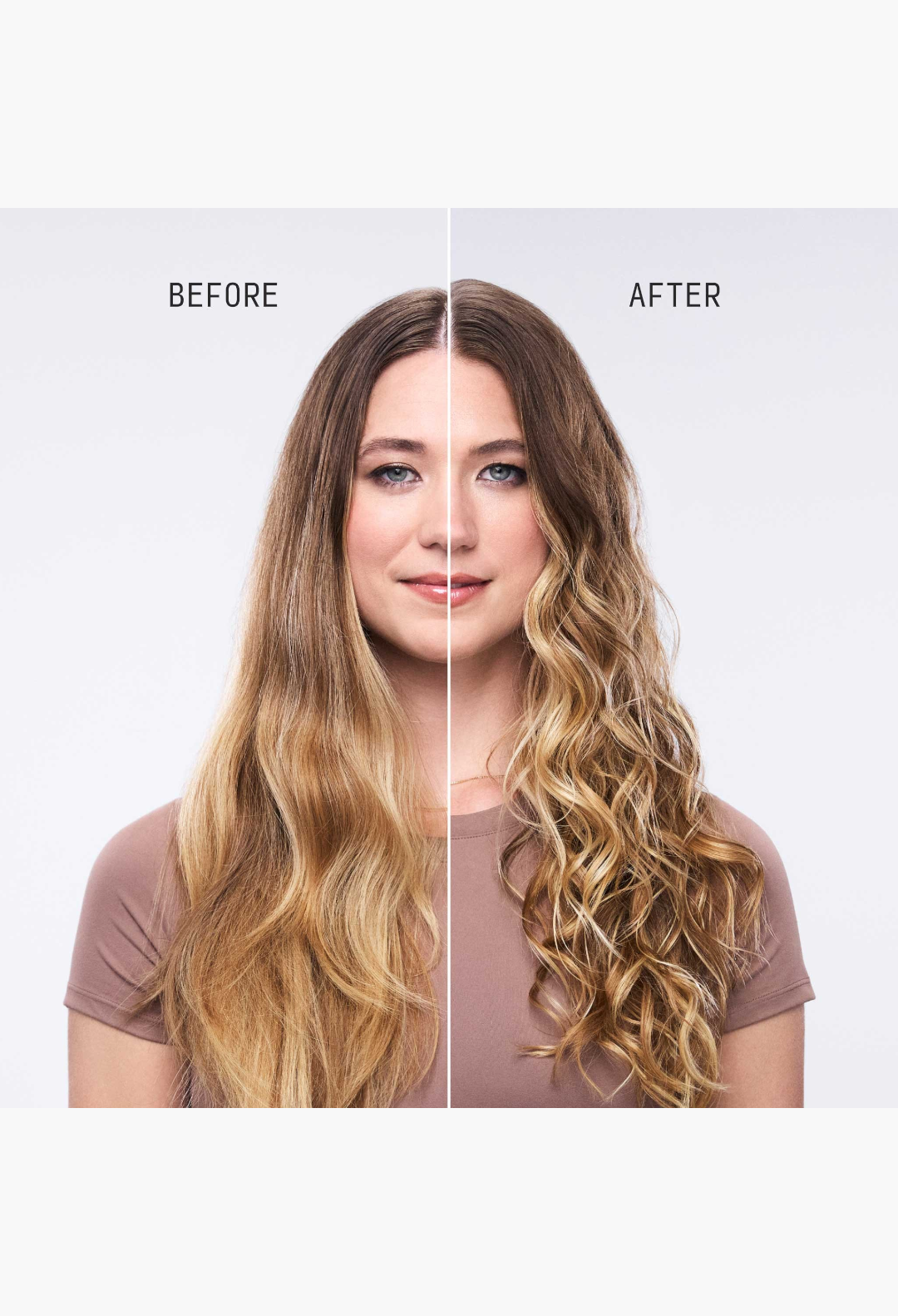 GLAM MODA Hydrating Conditioner before and after results showing smoother, shinier, and more defined wavy hair.