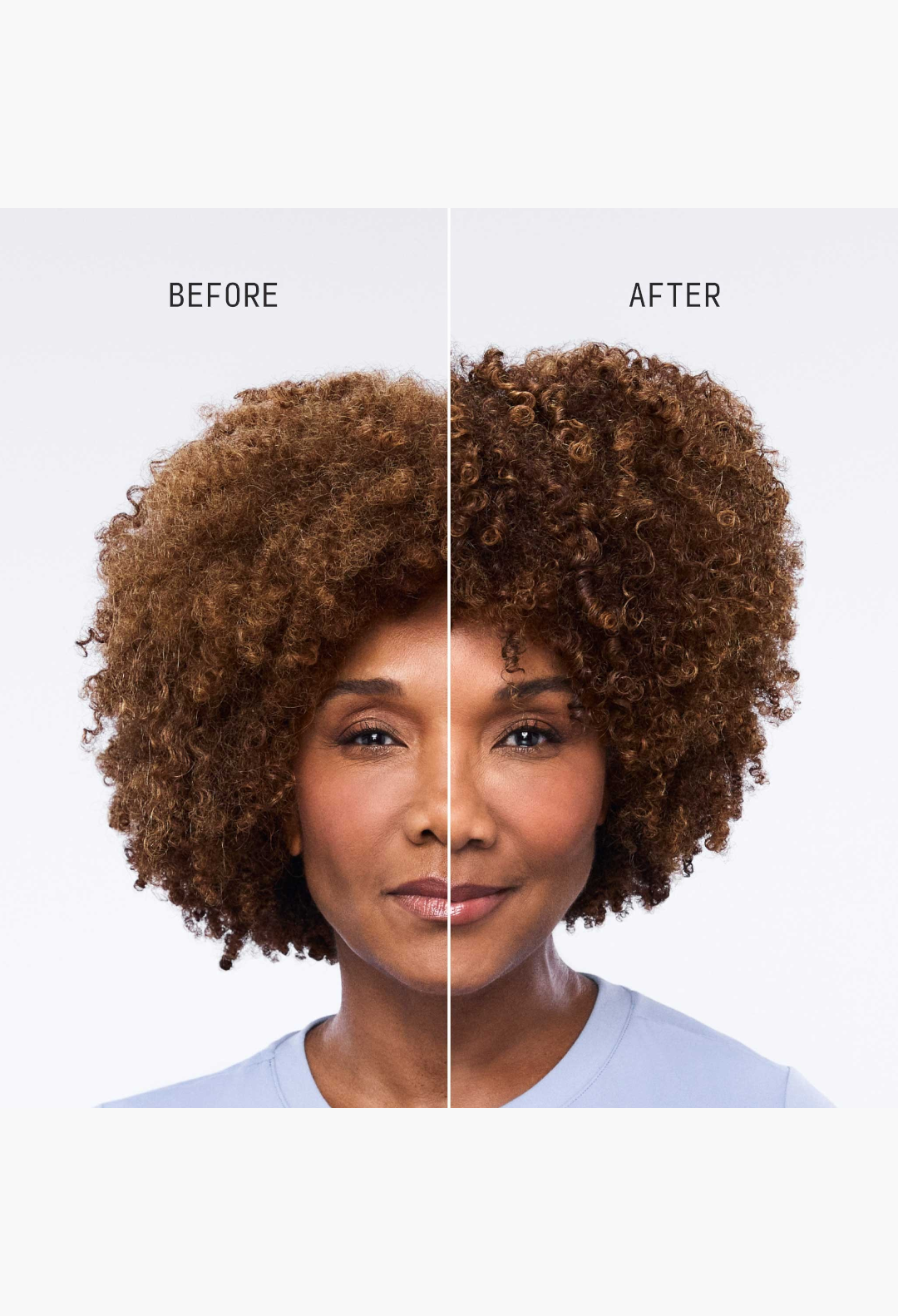 GLAM MODA hydrating conditioner results showing a woman with coily hair before and after treatment for added shine