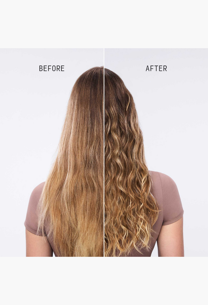 GLAM MODA hydrating conditioner before and after results showing smoother, more defined, and shiny wavy hair
