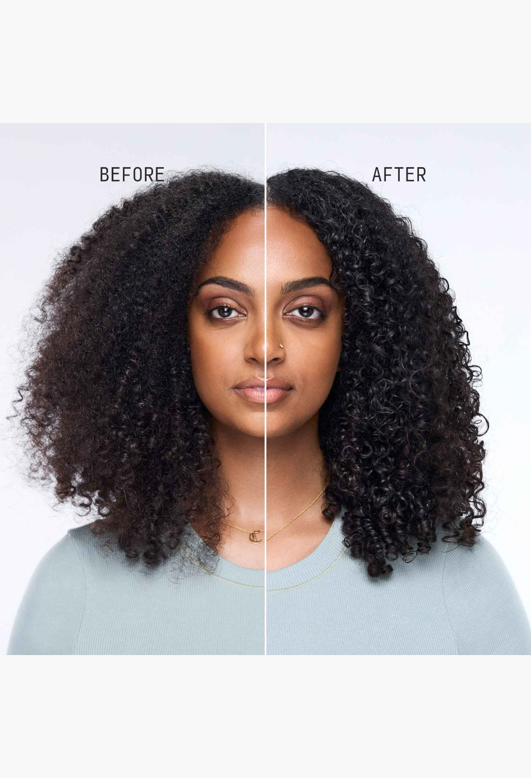 GLAM MODA Moisture Sealing Lotion showing a model with frizzy hair on the left and defined, shiny curls on the right.
