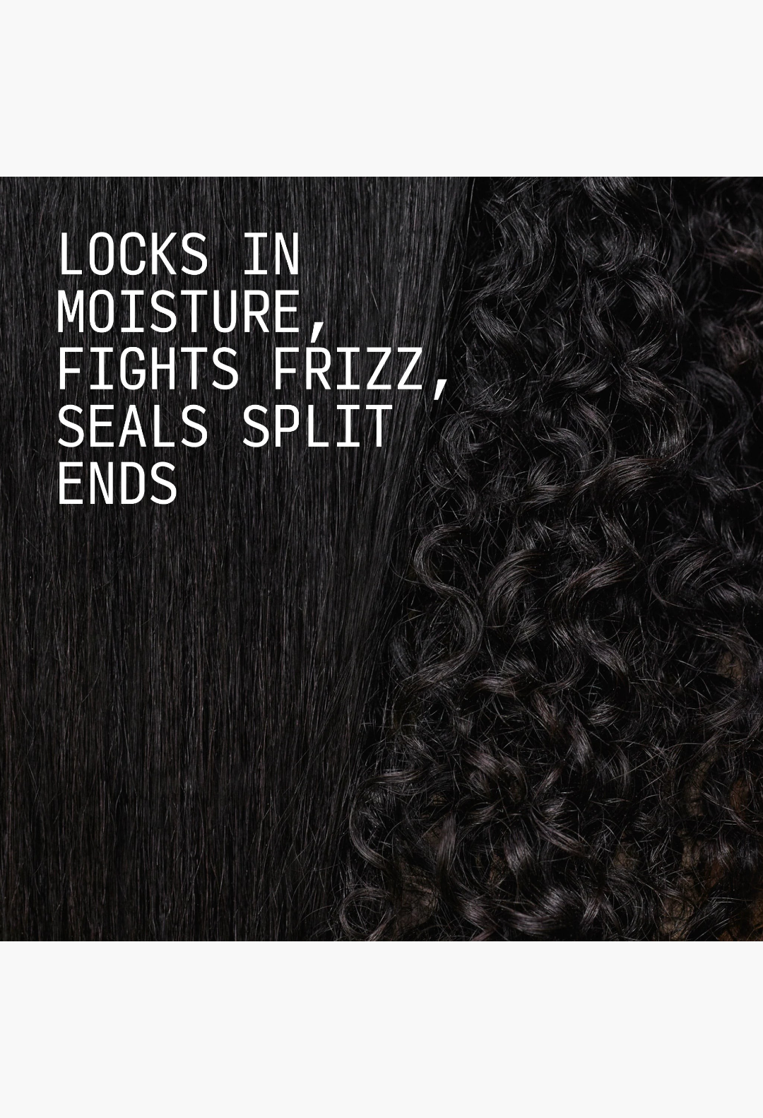 GLAM MODA Moisture Sealing Lotion showing a split comparison of straight hair and defined curly hair