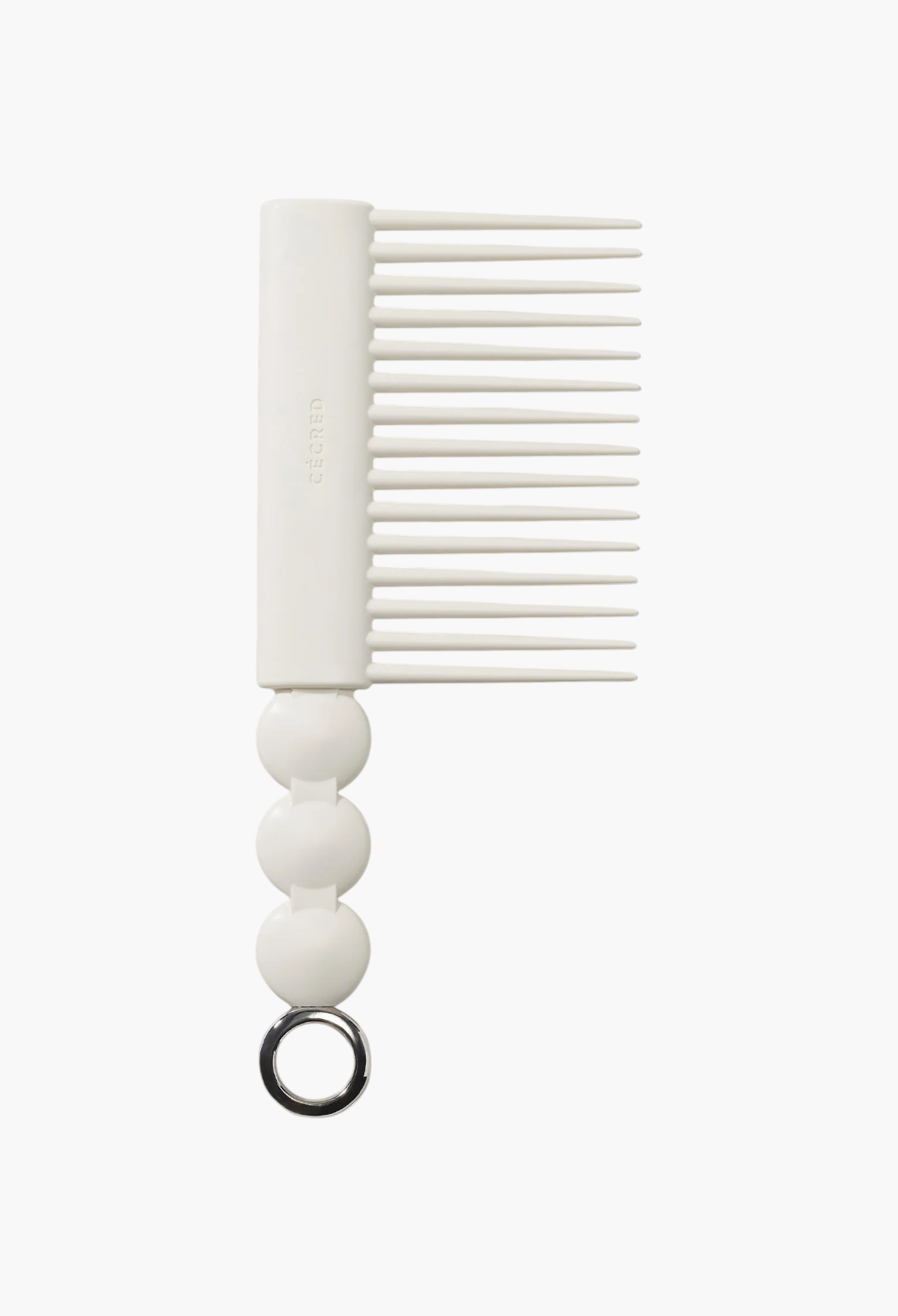 GLAM MODA white rake comb with long tapered teeth and a decorative spherical handle featuring a metal hanging ring.