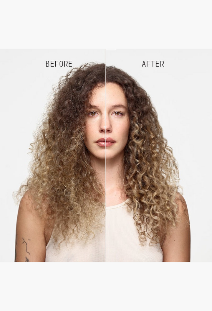 GLAM MODA before and after comparison of curly hair showing improved shine and reduced frizz after treatment mask
