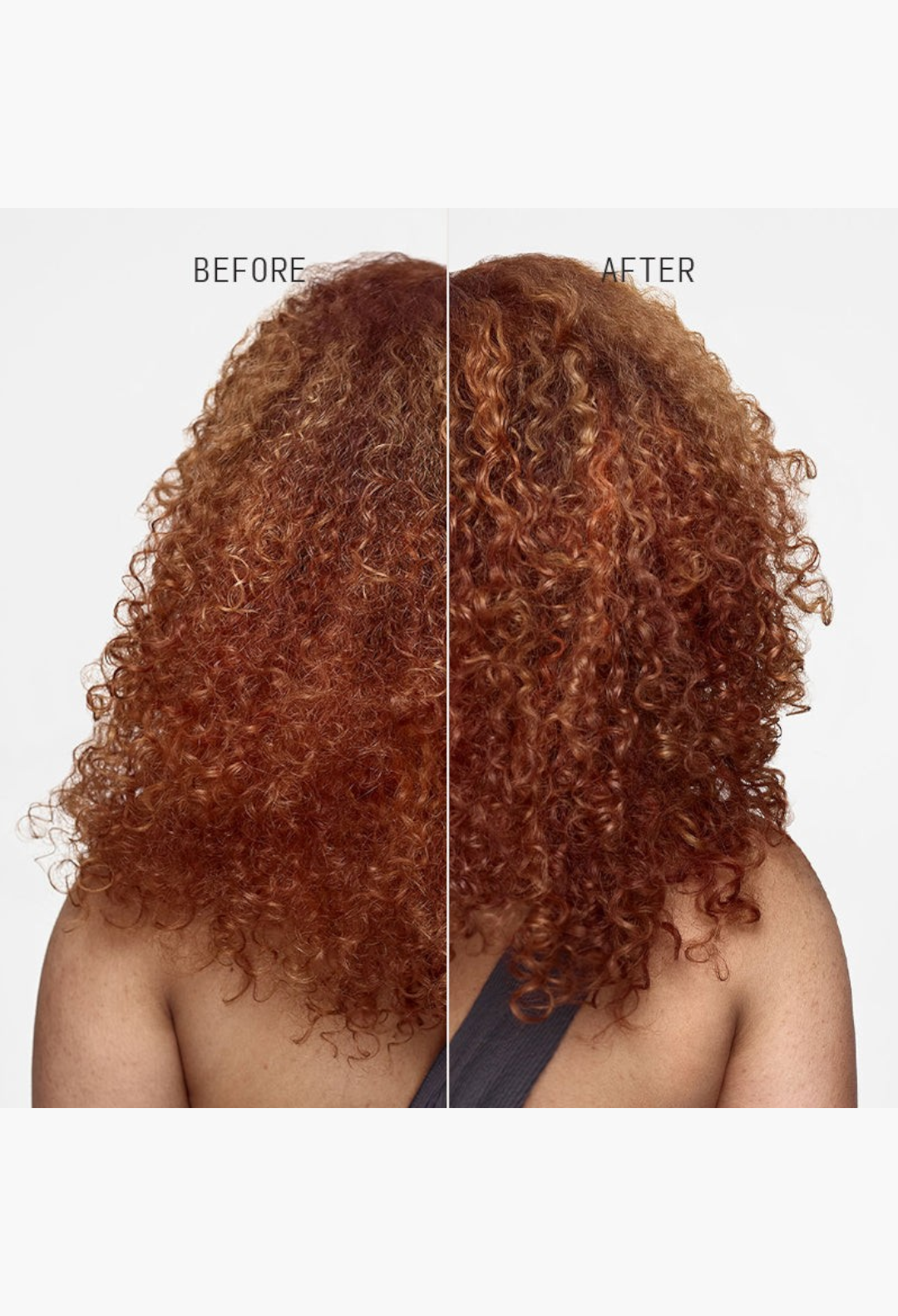 GLAM MODA hair before and after treatment showing improved shine and reduced frizz on curly auburn hair