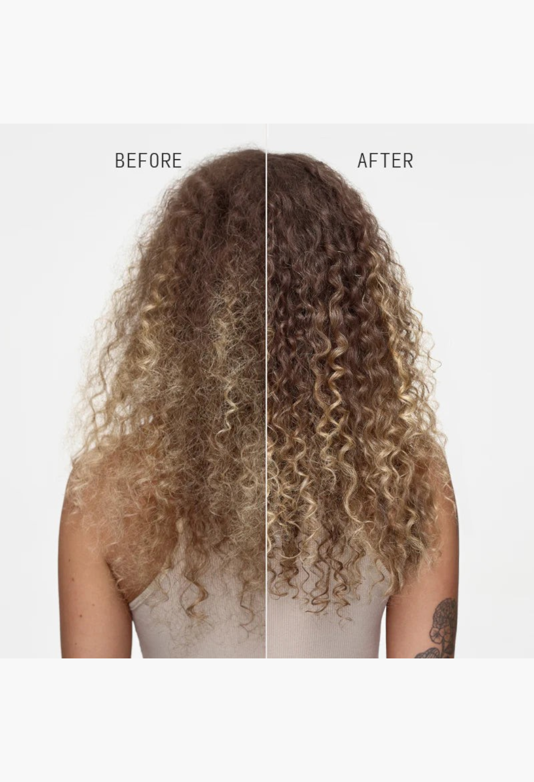 GLAM MODA Reconstructing Treatment Mask showing before and after results on curly blonde hair with improved shine
