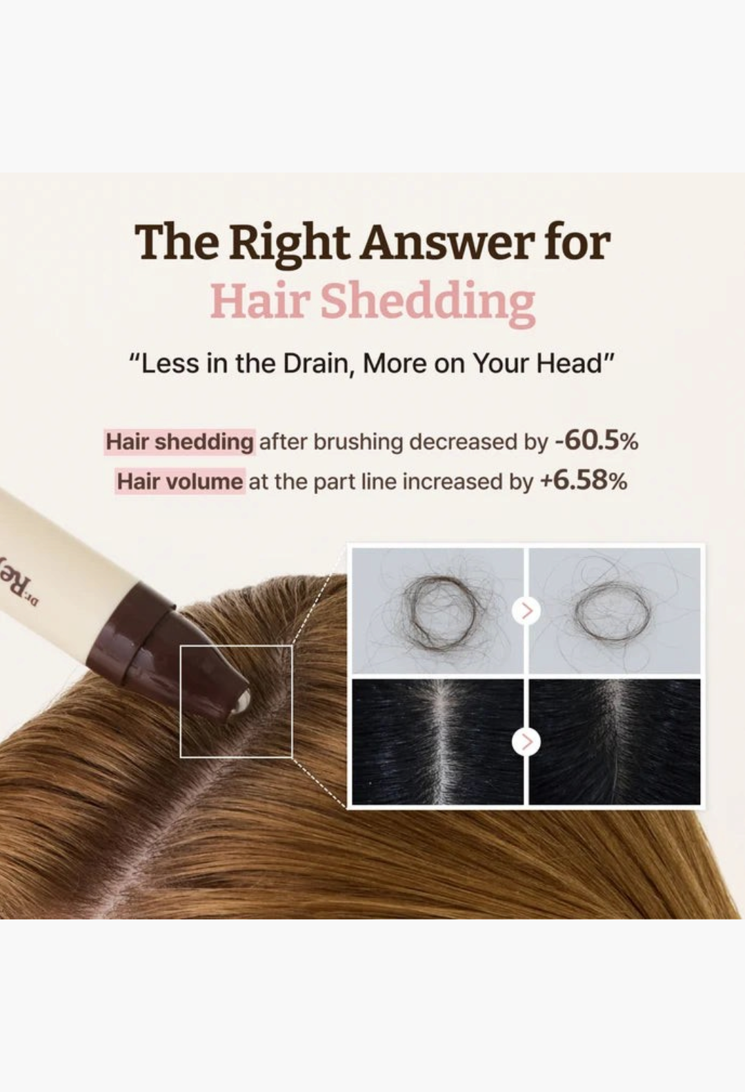 GLAM MODA Advanced PDRN Hair Density Scalp Serum applicator applying treatment to a hair part with before-after view