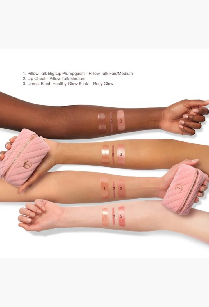 GLAM MODA Pillow Talk Everyday Icons makeup set swatches on four different skin tones with a pink quilted makeup bag
