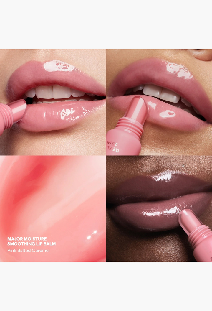 GLAM MODA Mini Major Moisture Smoothing Lip Balm in a sheer pink shade with a high-shine, cushiony texture on lips.
