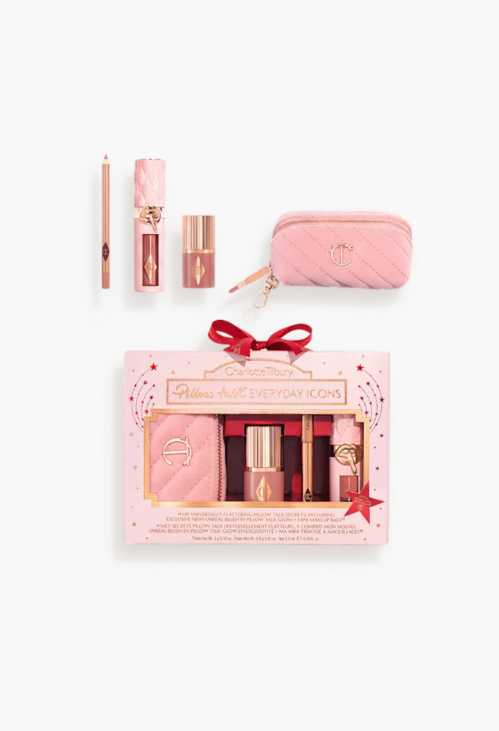 GLAM MODA Pillow Talk Everyday Icons makeup gift set featuring lip liner, lip plumper, blush stick, and pink makeup bag