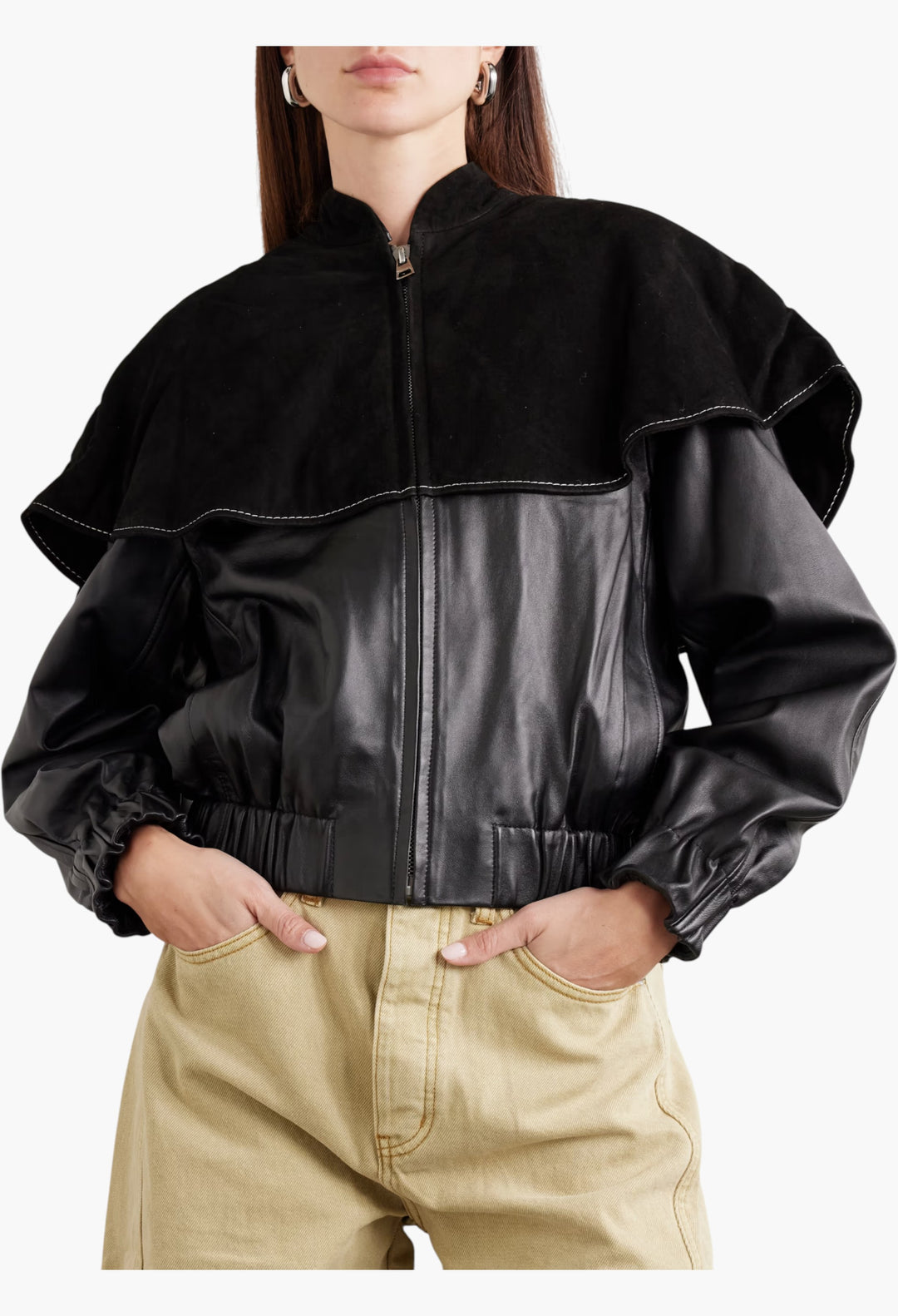 Padded Suede And Leather Bomber Jacket - GLAM MODA