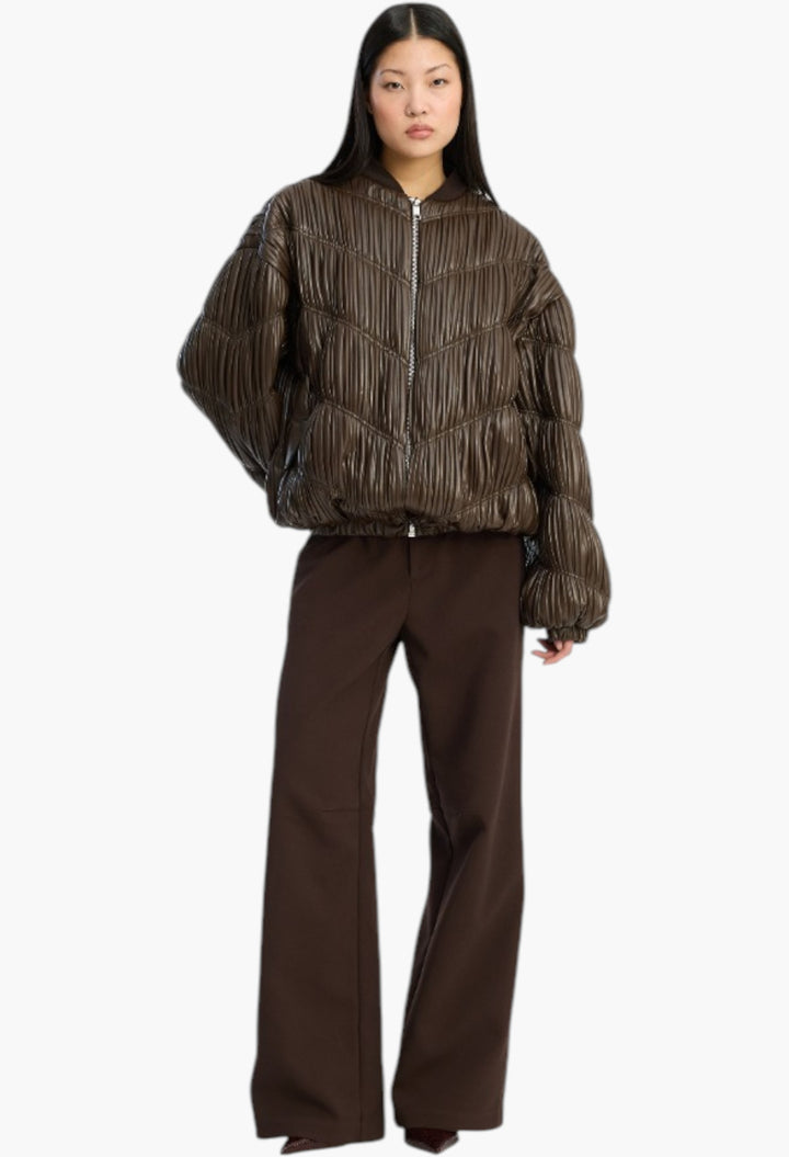 Pleated Bomber Jacket Dark Brown - GLAM MODA