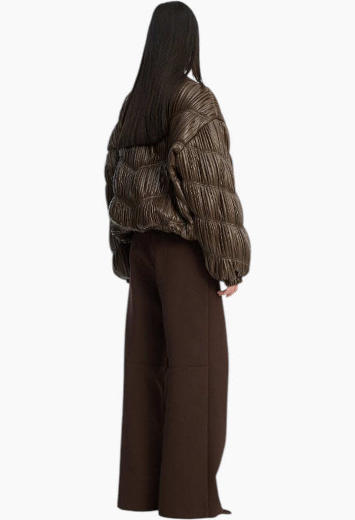 Pleated Bomber Jacket Dark Brown - GLAM MODA