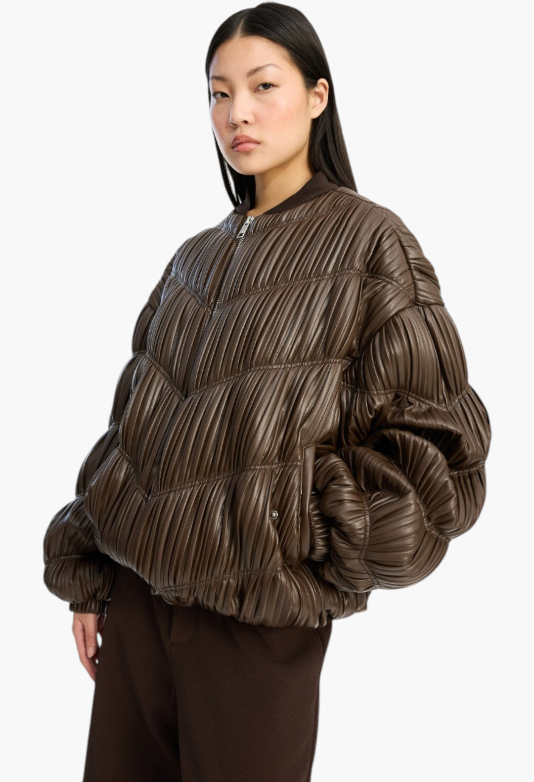 Pleated Bomber Jacket Dark Brown - GLAM MODA