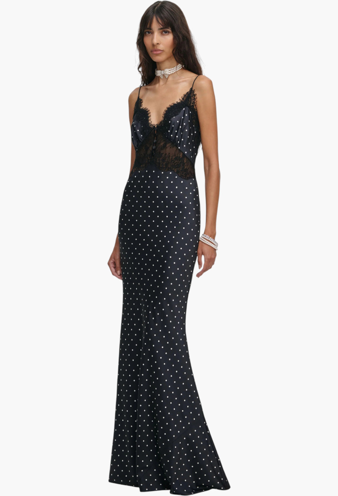 Polka Dot Satin Lace Maxi Dress - GLAM MODA