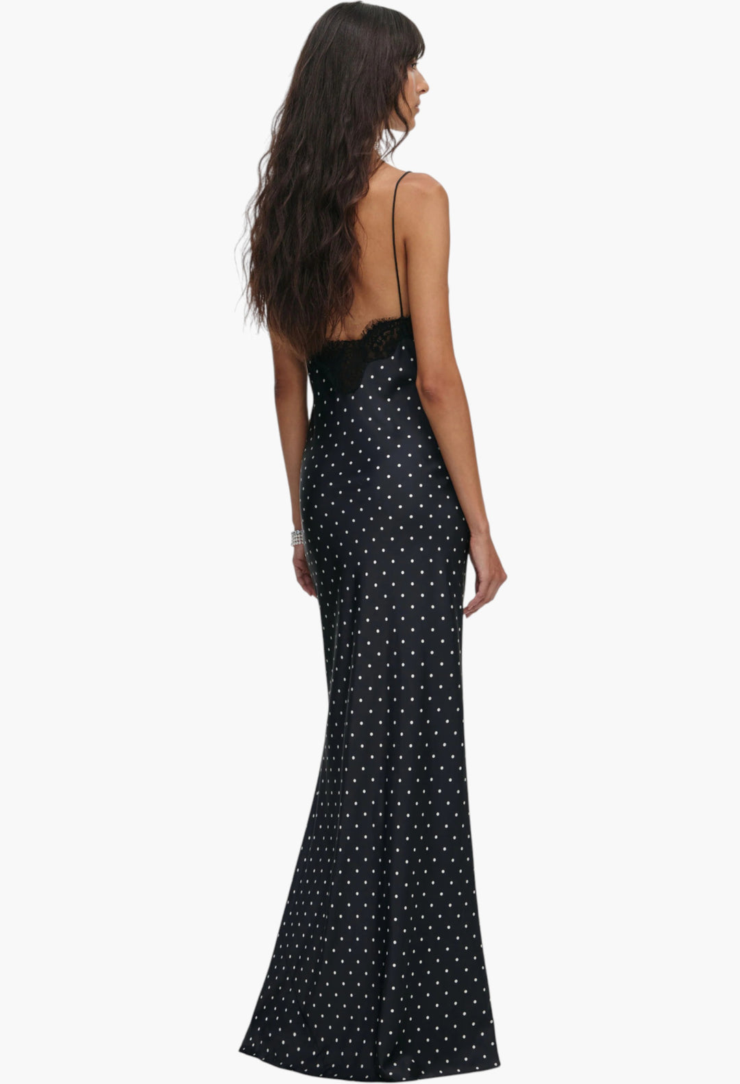Polka Dot Satin Lace Maxi Dress Elegant Flowy Dress with Romantic Lace Detail GLAM MODA Polka Dot Satin Lace Maxi Dress Elegant Flowy Dress with Romantic Lace Detail GLAM MODA