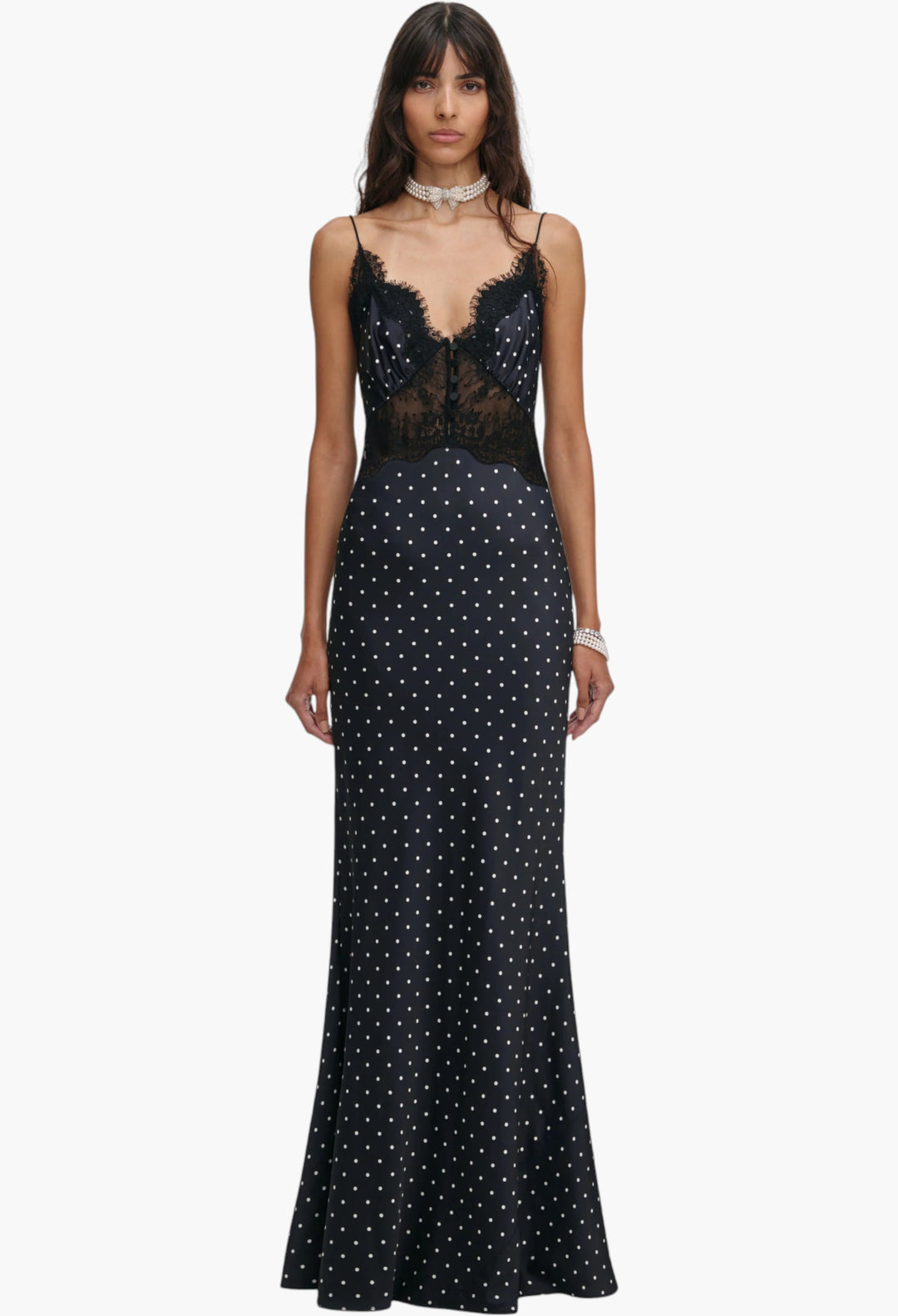 Polka Dot Satin Lace Maxi Dress Elegant Flowy Dress with Romantic Lace Detail GLAM MODA Polka Dot Satin Lace Maxi Dress Elegant Flowy Dress with Romantic Lace Detail GLAM MODA