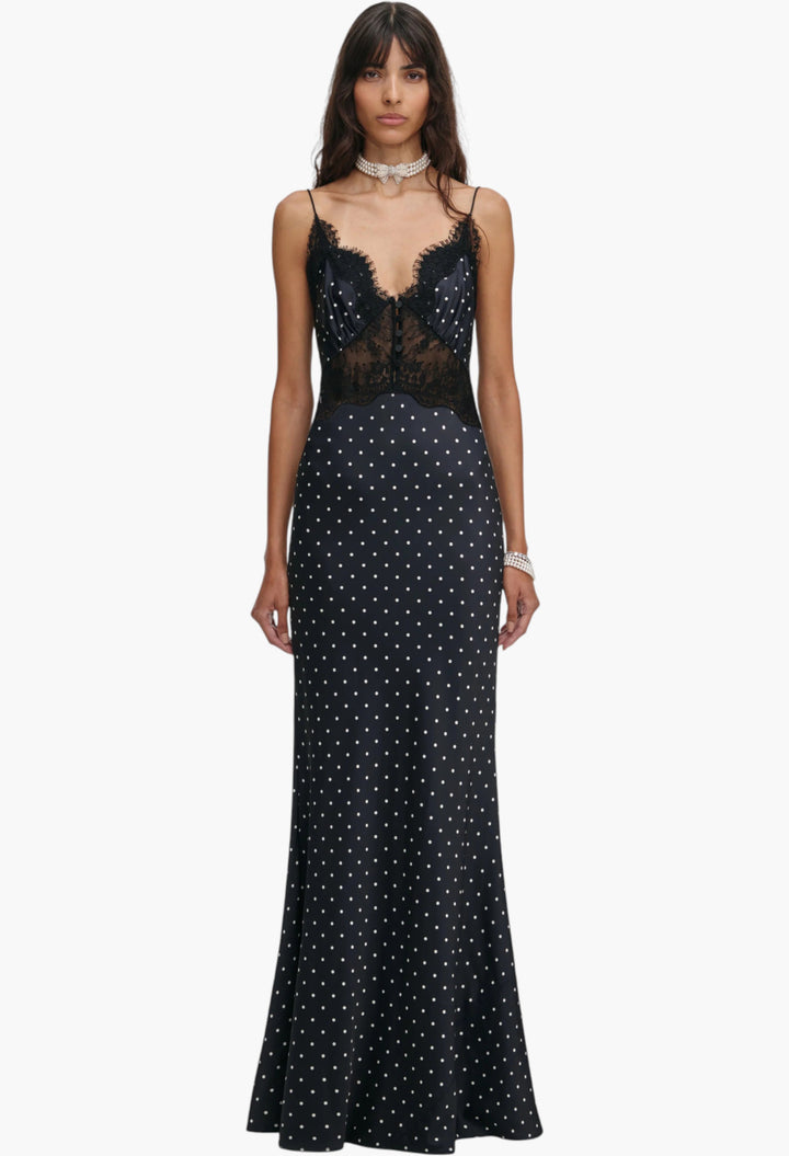 Polka Dot Satin Lace Maxi Dress - GLAM MODA