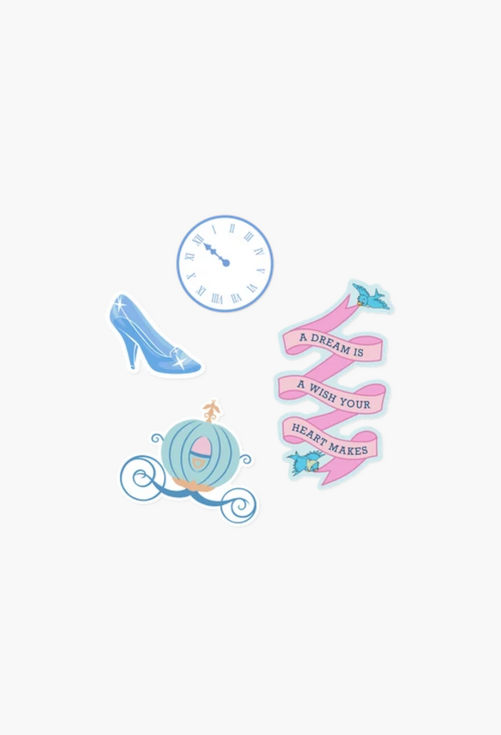 GLAM MODA Disney Princess collection sticker set featuring Cinderella glass slipper, clock, carriage, and quote.