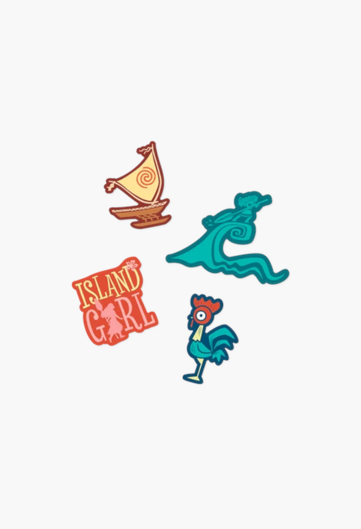 GLAM MODA Disney Princess Moana themed stickers featuring a boat, wave, Island Girl text, and Hei Hei the rooster