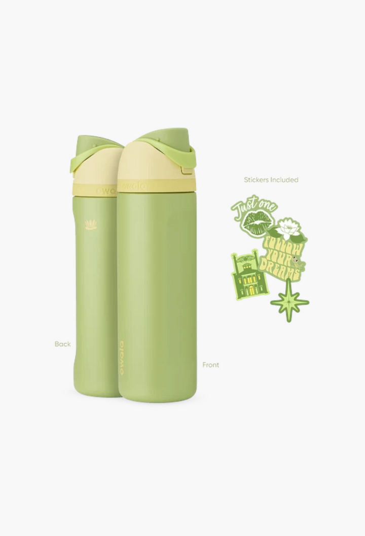 GLAM MODA Disney Princess Collection 24oz stainless steel FreeSip water bottle in sage green with matching stickers