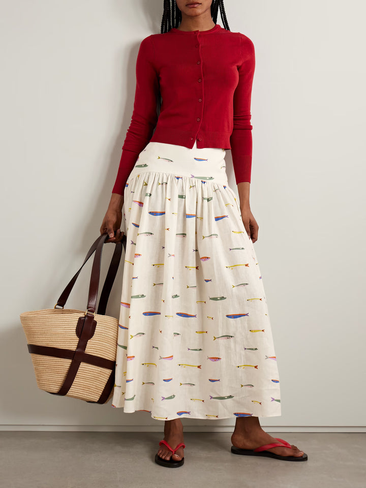 Procida gathered printed linen maxi skirt - GLAM MODA