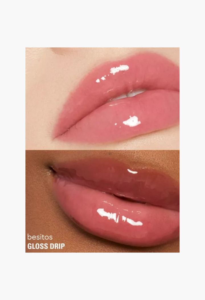 GLAM MODA Kylie Cosmetics Gloss Drip lipgloss in a soft pink shade showing a high-shine, juicy finish on lips.