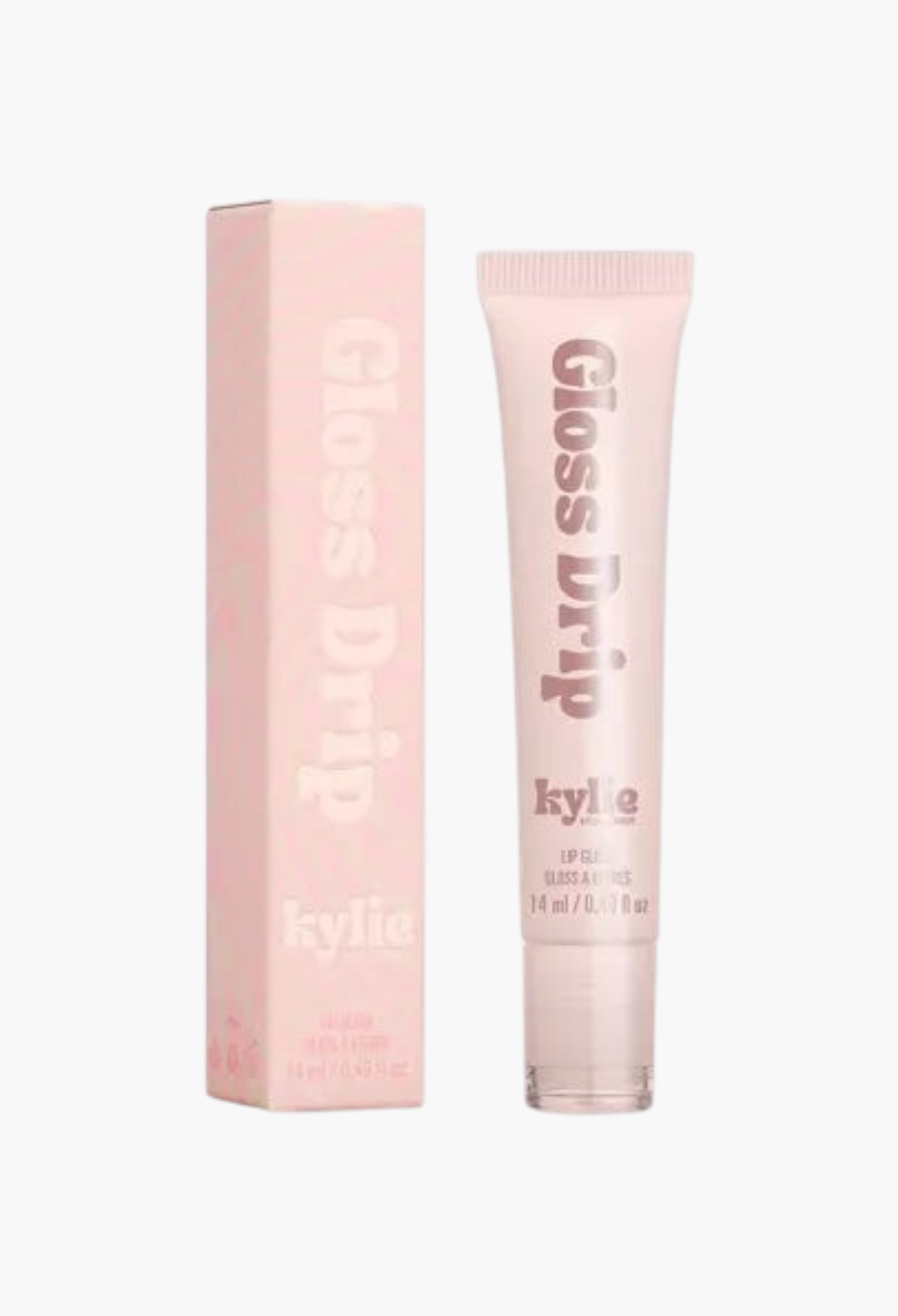 GLAM MODA Kylie by Kylie Jenner Gloss Drip lipgloss in a light pink tube with matching branded cardboard packaging.