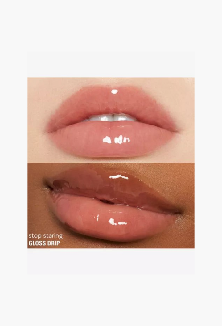 GLAM MODA Kylie Cosmetics Gloss Drip lipgloss applied to lips for a high-shine, juicy mirror finish.