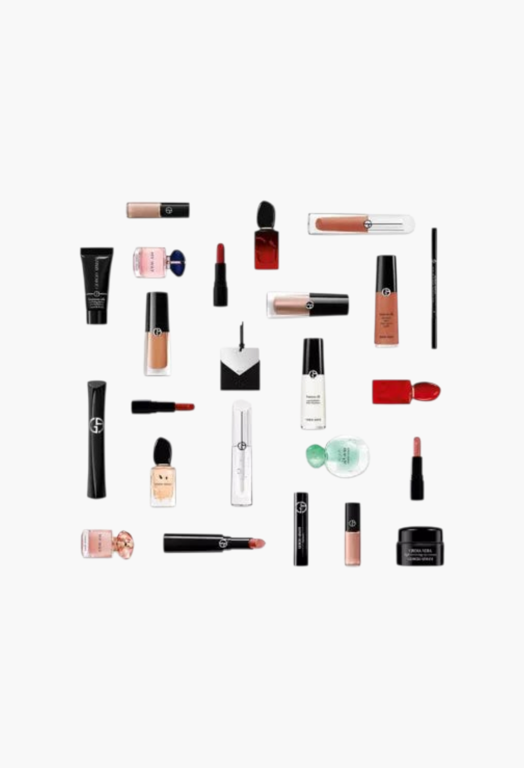 GLAM MODA Giorgio Armani luxury beauty advent calendar featuring assorted perfumes, lipsticks, and skincare products.