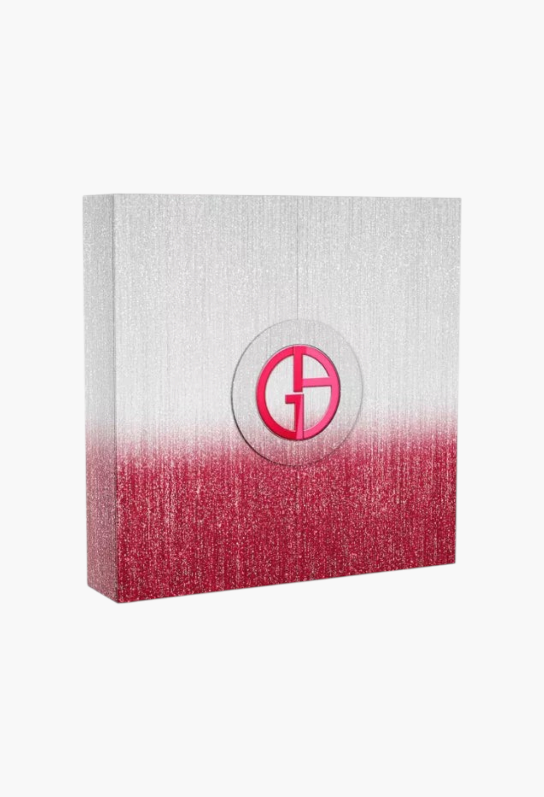 GLAM MODA Giorgio Armani advent calendar featuring a silver and red glitter ombre design with a central logo emblem.