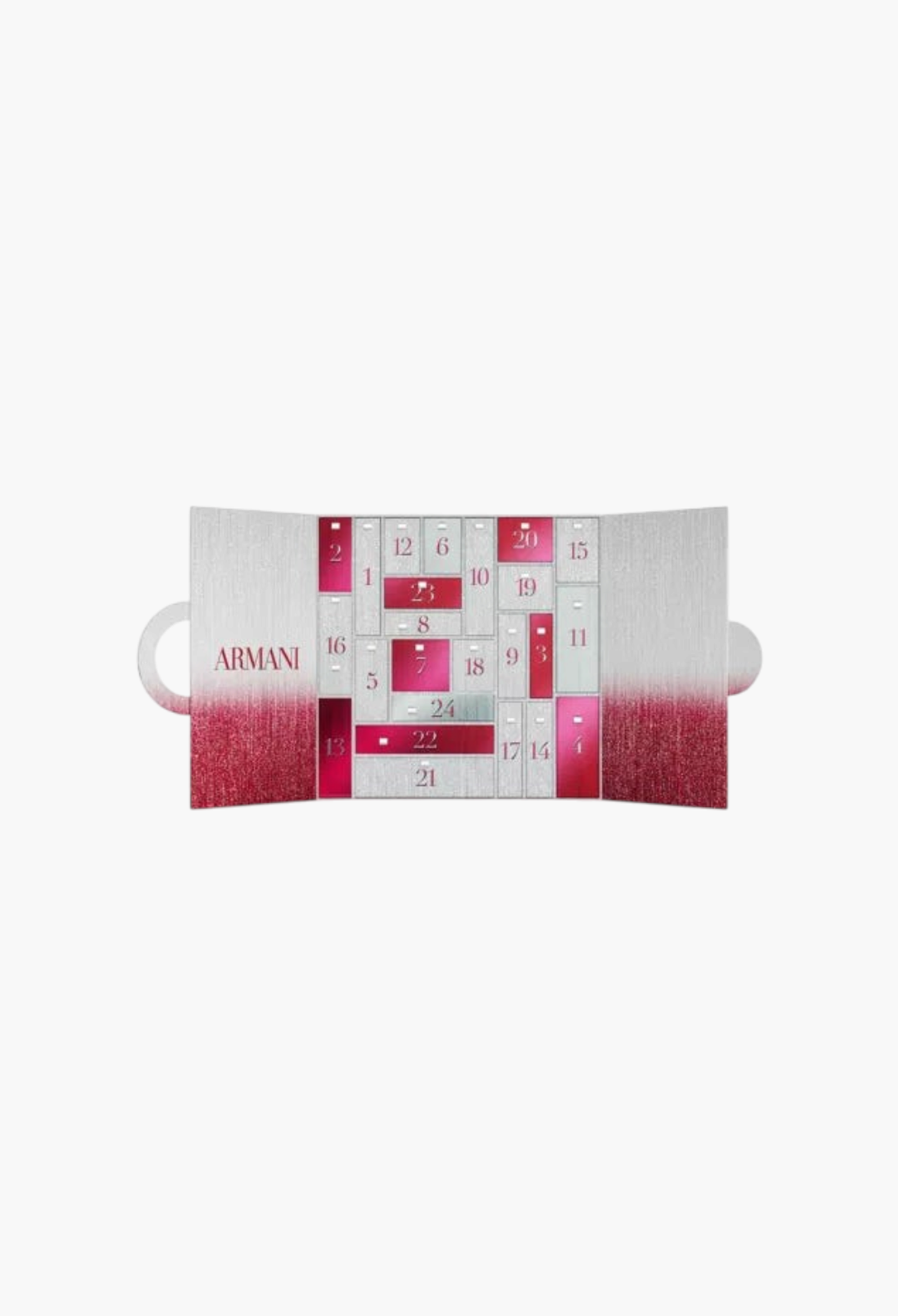 GLAM MODA Giorgio Armani advent calendar featuring a silver and red gradient design with numbered gift compartments.