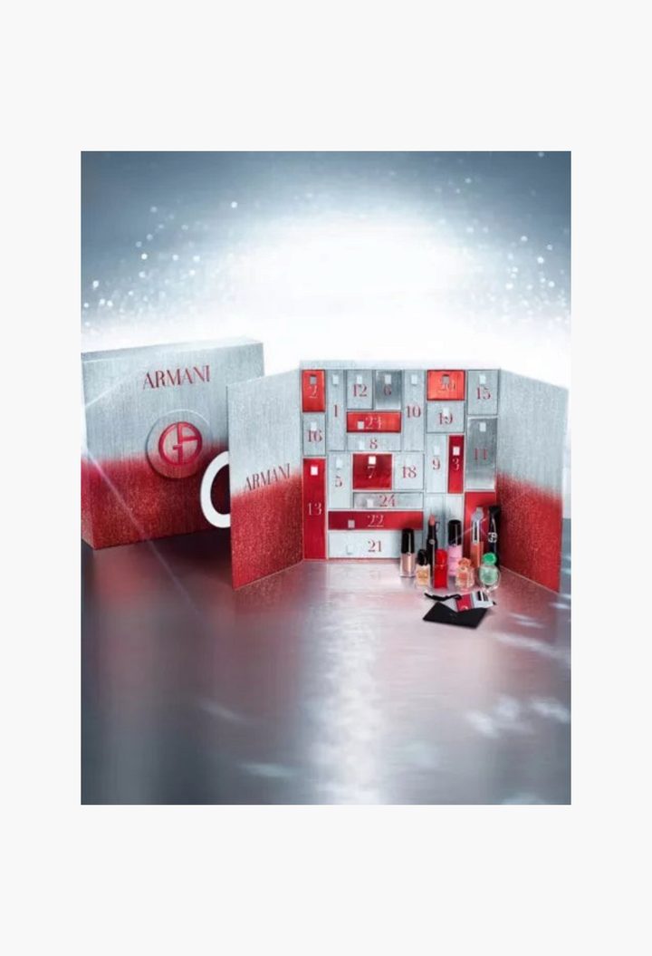 GLAM MODA Giorgio Armani advent calendar featuring red and silver packaging with luxury beauty miniatures and perfumes.
