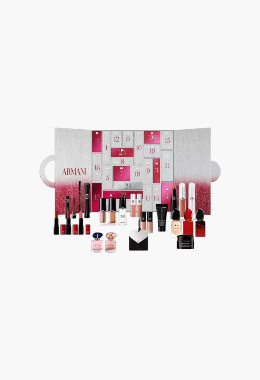 GLAM MODA Giorgio Armani luxury beauty advent calendar featuring 24 makeup, skincare, and fragrance miniatures