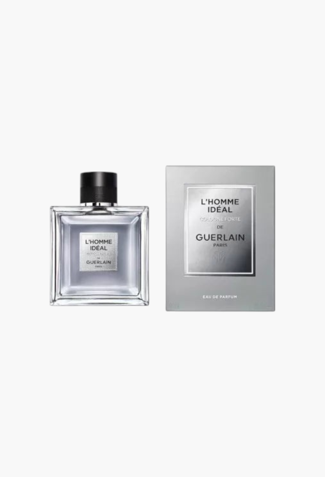 GLAM MODA L’Homme Idéal Cologne Forte Eau de Parfum bottle and silver box packaging on a white background