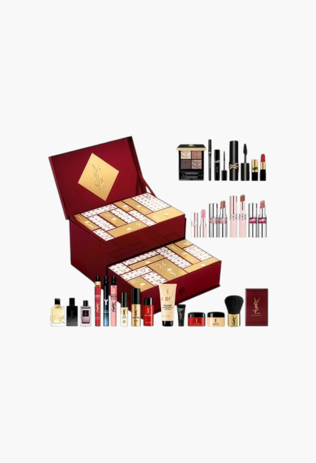 GLAM MODA Yves Saint Laurent 2026 advent calendar featuring luxury skincare, fragrance, and makeup miniatures.