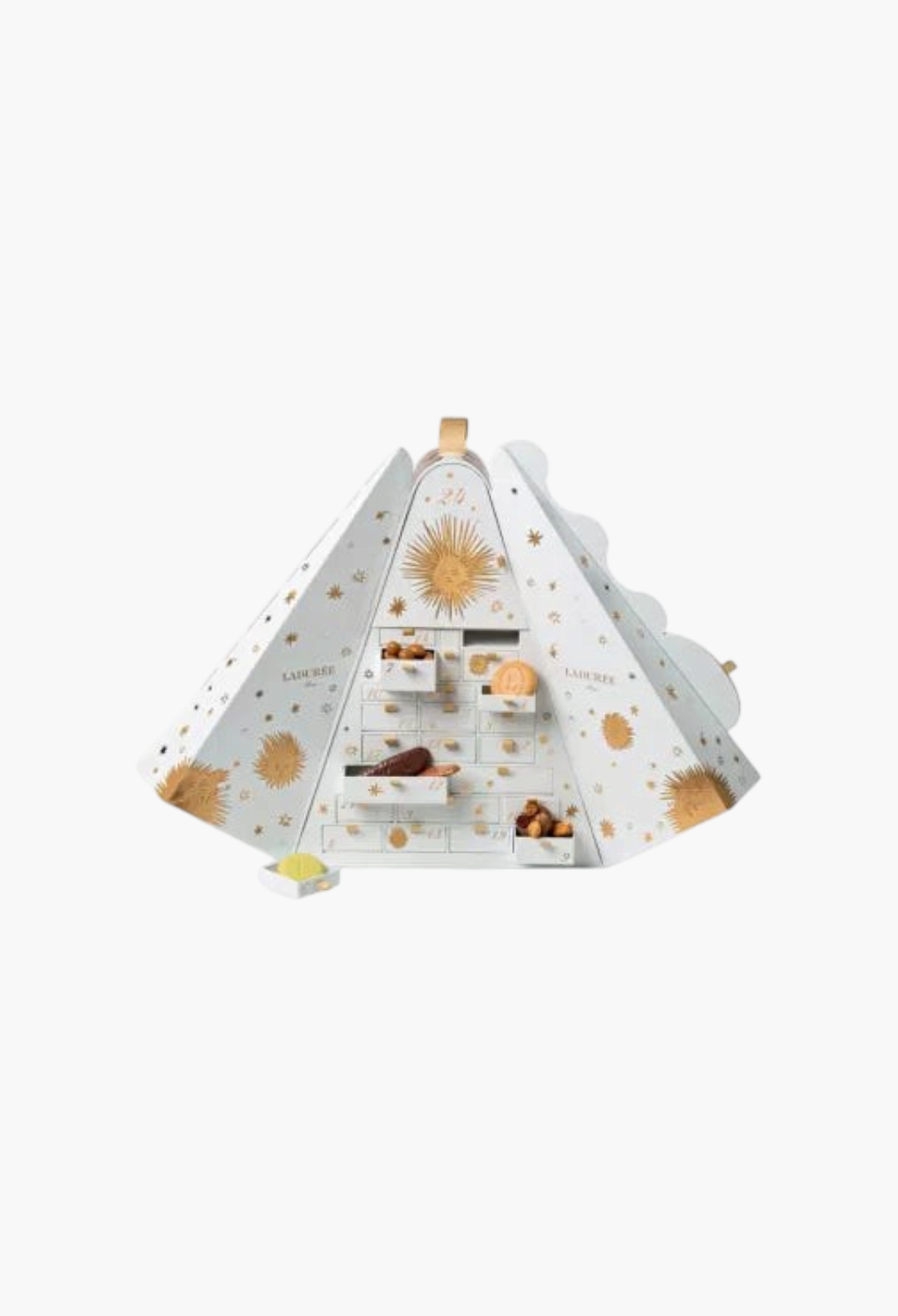 GLAM MODA Laduree 2026 advent calendar in a white pyramid shape with gold sun and star illustrations and small drawers.