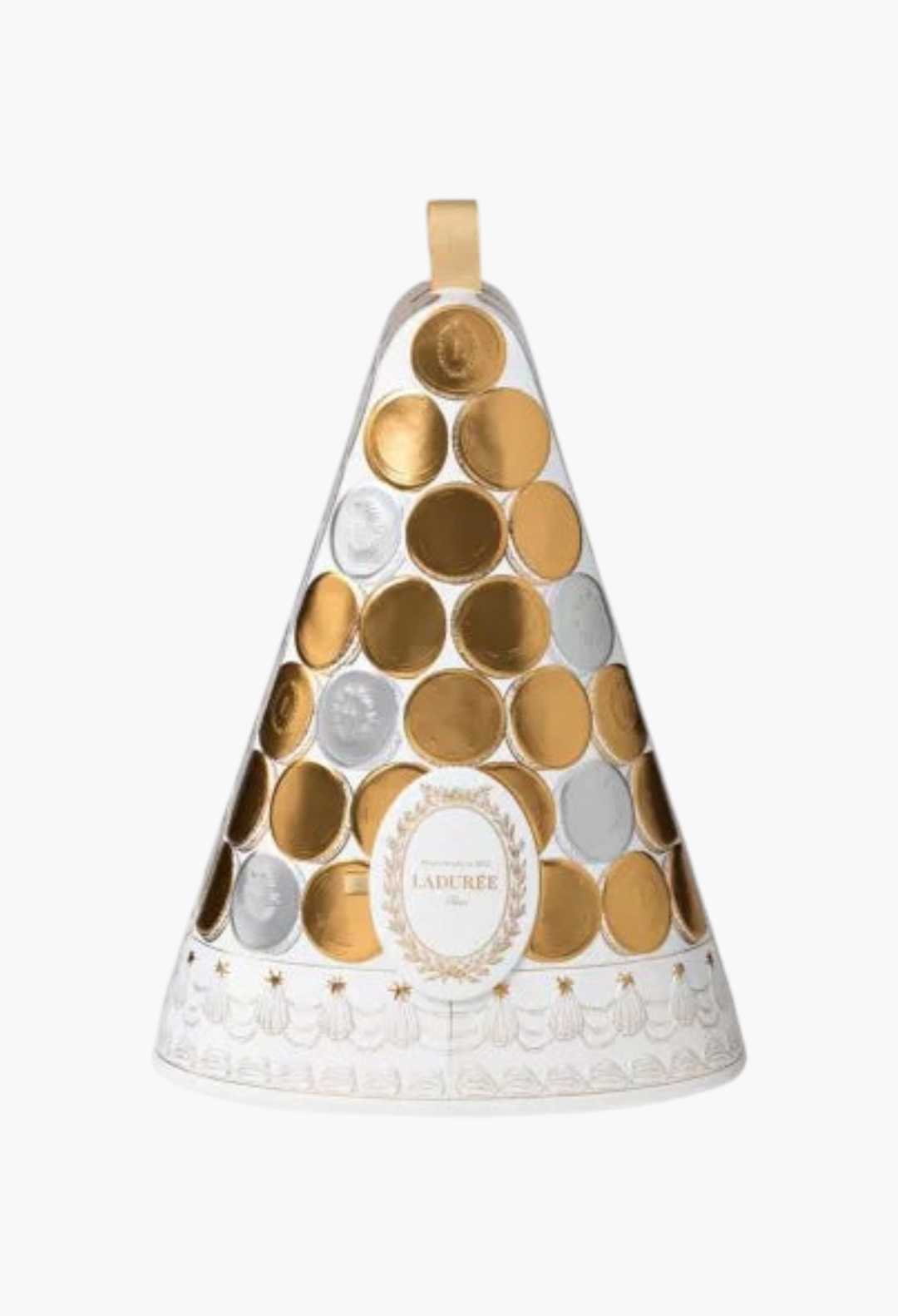 GLAM MODA Laduree 2026 advent calendar in a cone shape with gold and silver foil-wrapped chocolate medallions