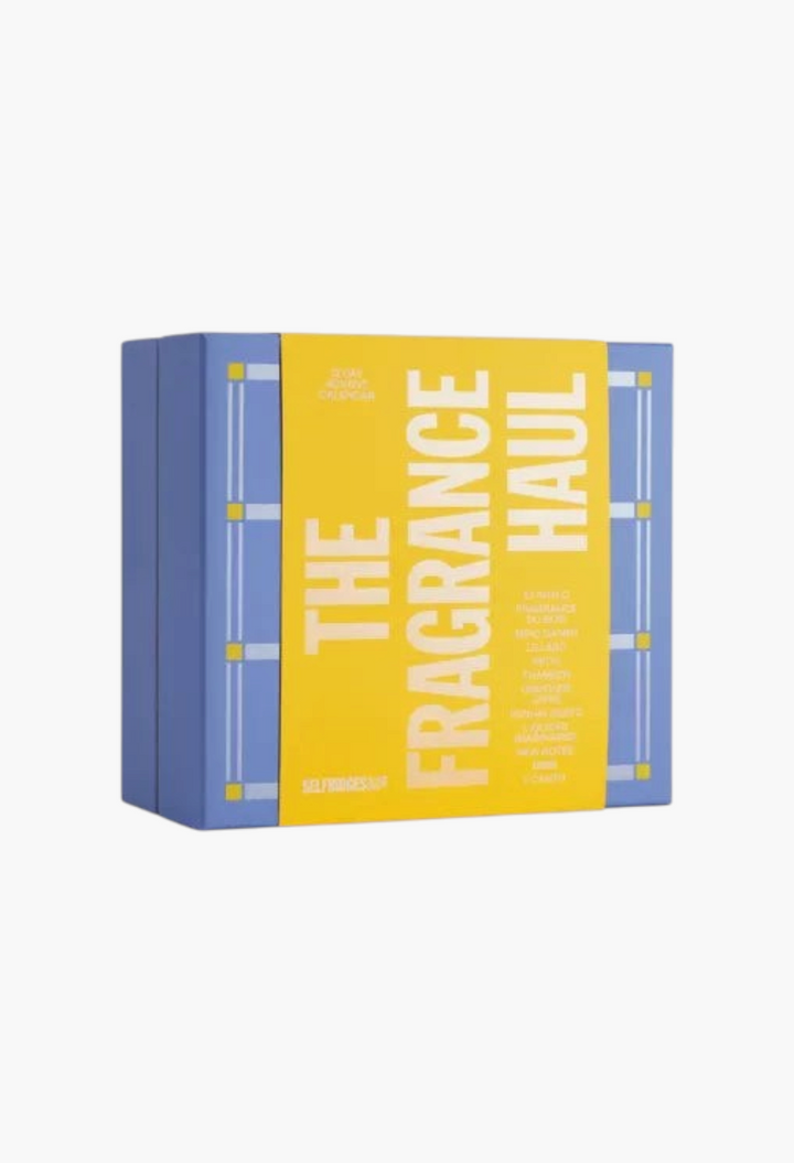GLAM MODA Fragrance Advent Calendar 2026 box in blue and yellow with The Fragrance Haul branding on the front