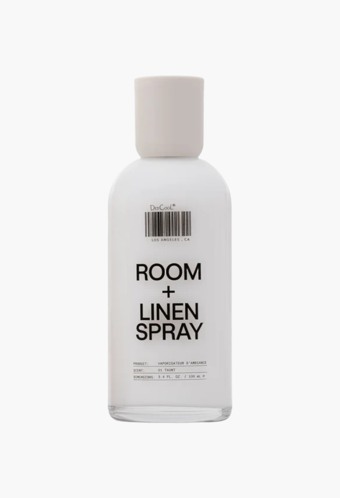GLAM MODA 01 Taunt room and linen spray in a minimalist white glass bottle with a barcode label design