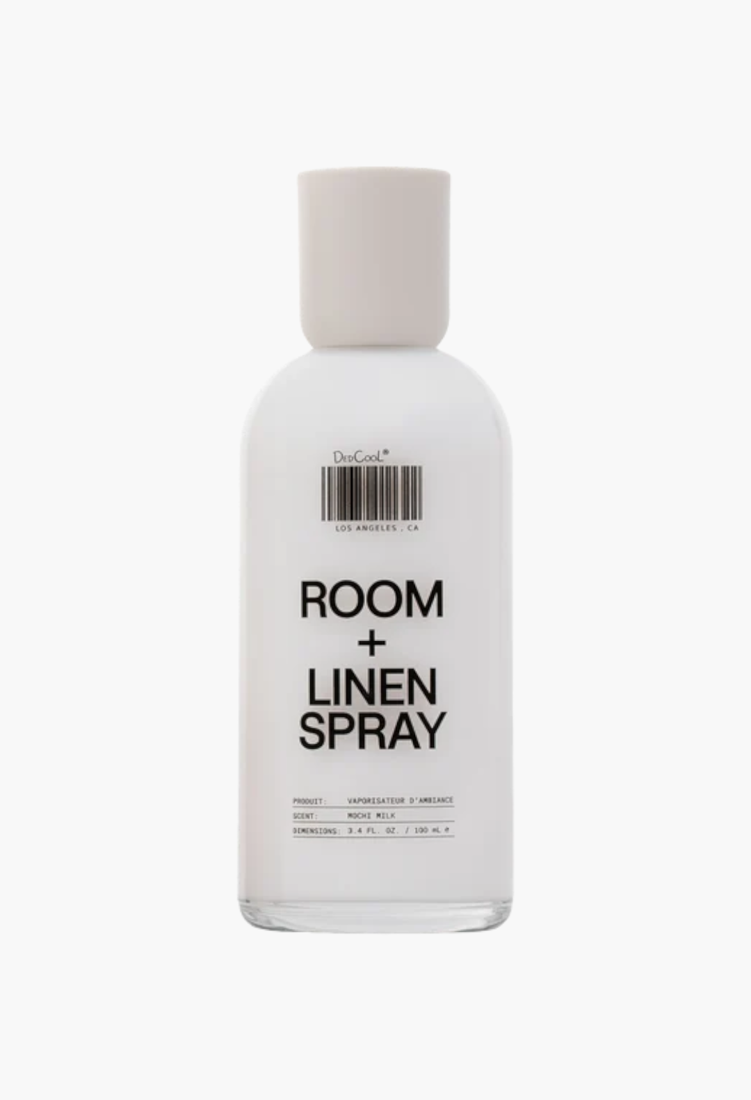 GLAM MODA Mochi Milk room and linen spray in a minimalist white glass bottle with a barcode label design