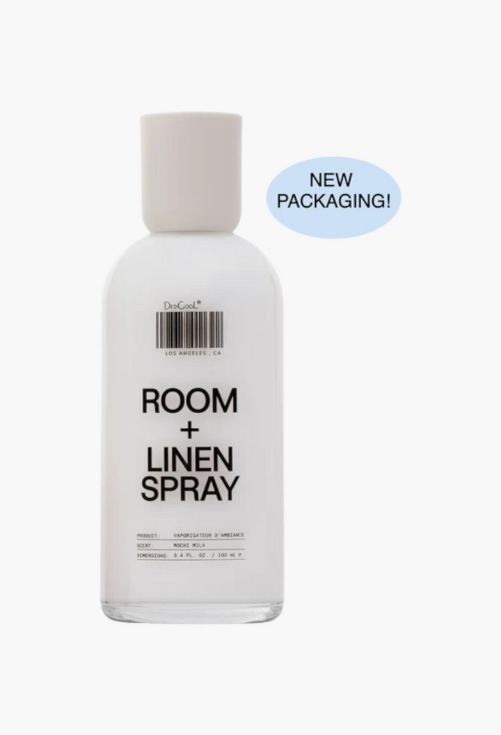 GLAM MODA Mochi Milk room and linen spray in a clear glass bottle with a white cap and minimalist label