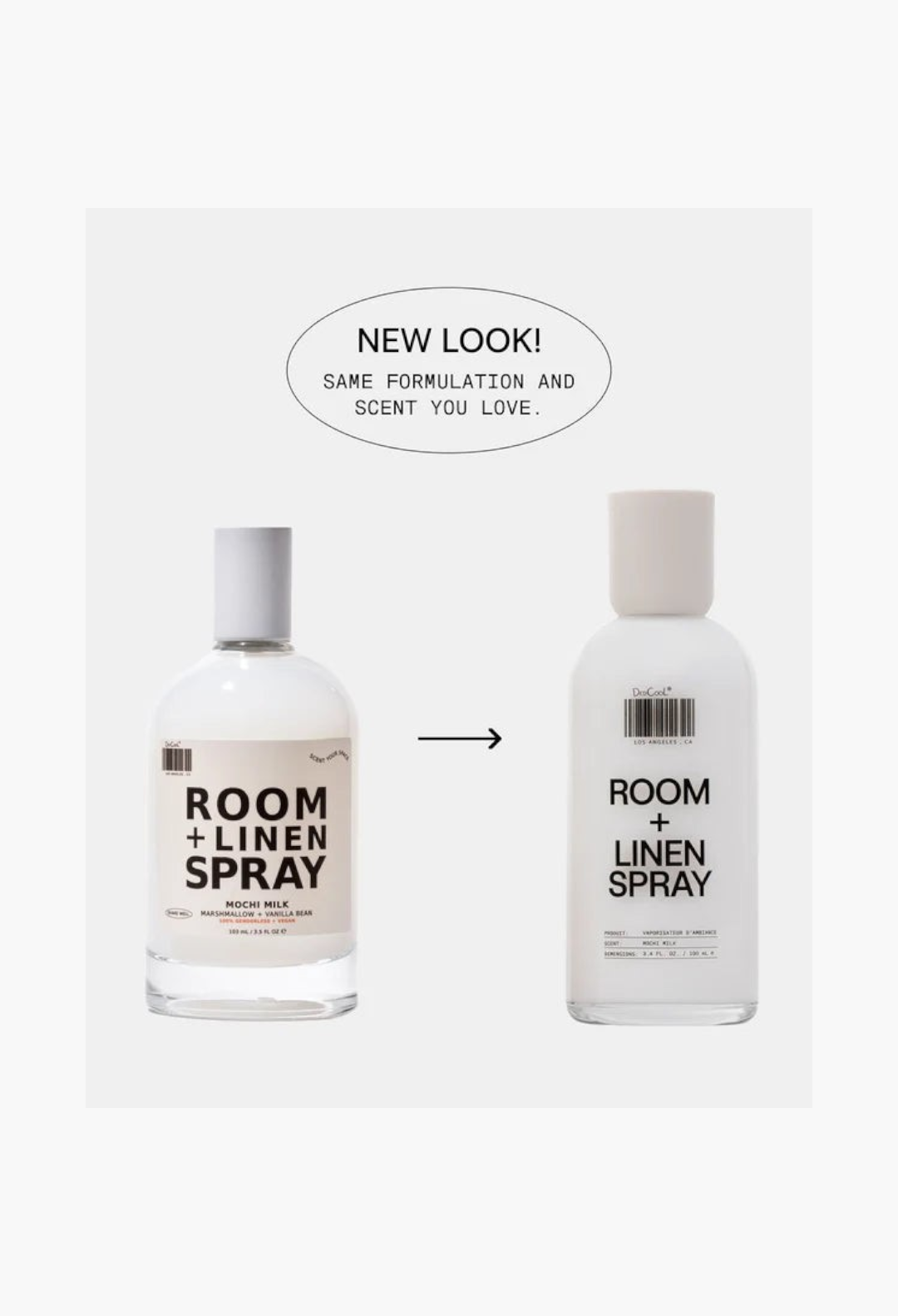 GLAM MODA Mochi Milk room and linen spray in clear glass bottles with minimalist labels showing new packaging design