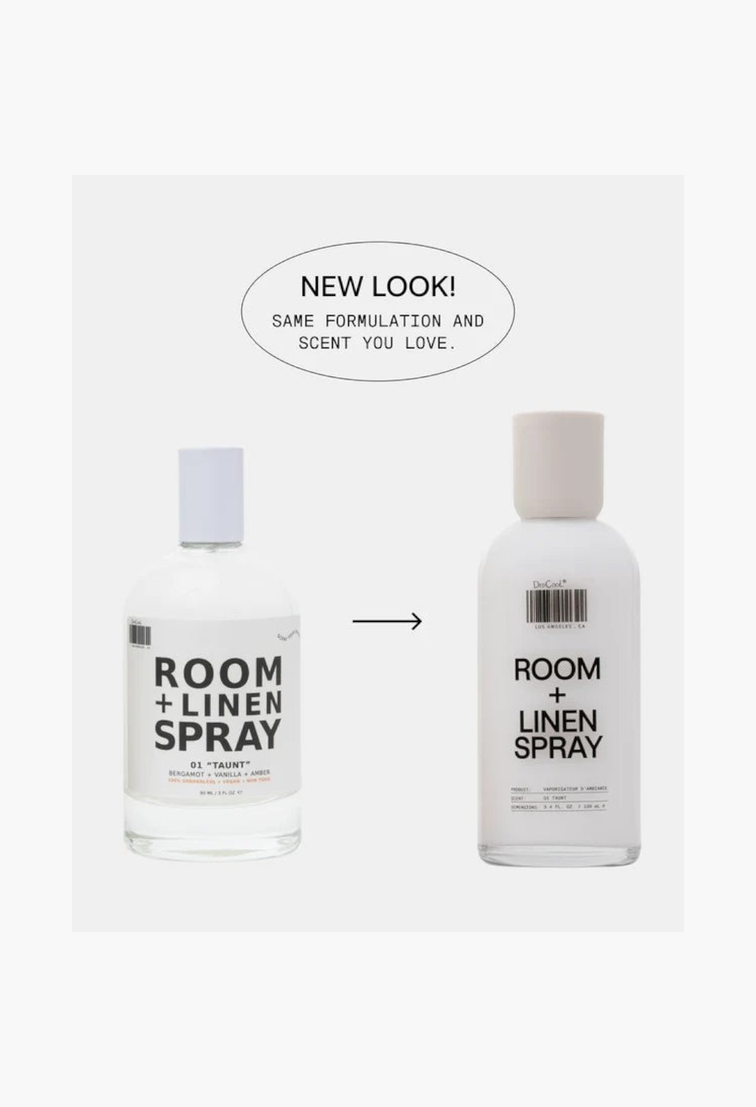 GLAM MODA Room + Linen Spray in 01 Taunt showing the original clear glass bottle and the new opaque white bottle design
