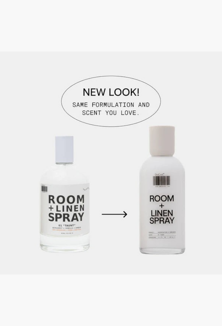 GLAM MODA room and linen spray bottles showing the old clear glass design and the new opaque white glass bottle.