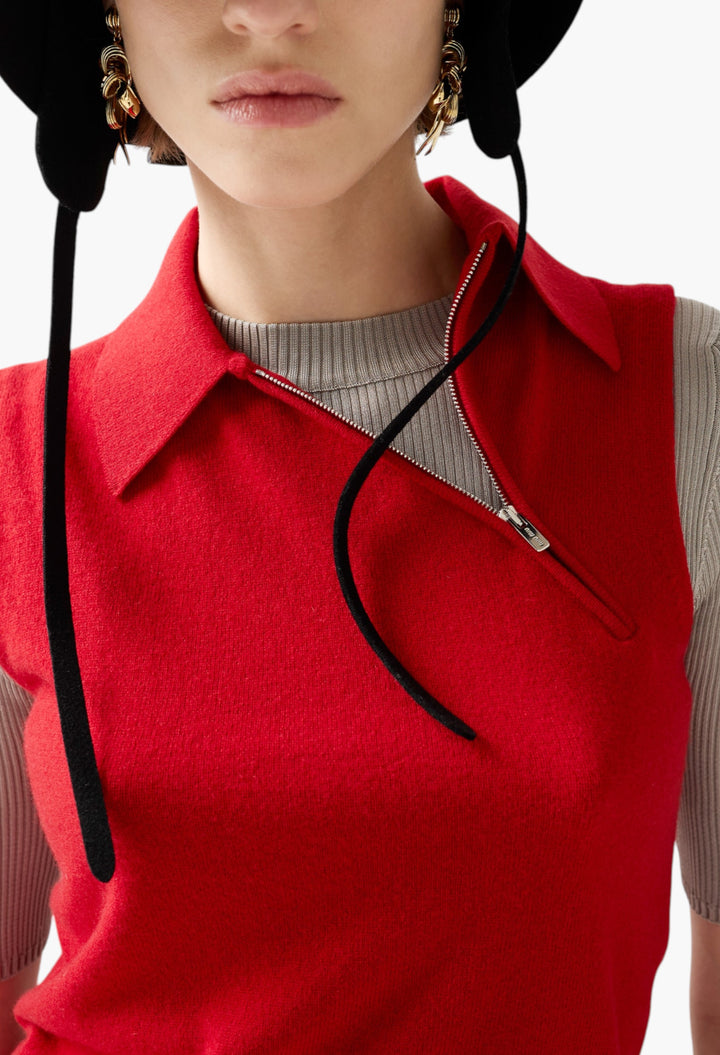 Red - Sleeveless Cashmere Polo Shirt - GLAM MODA