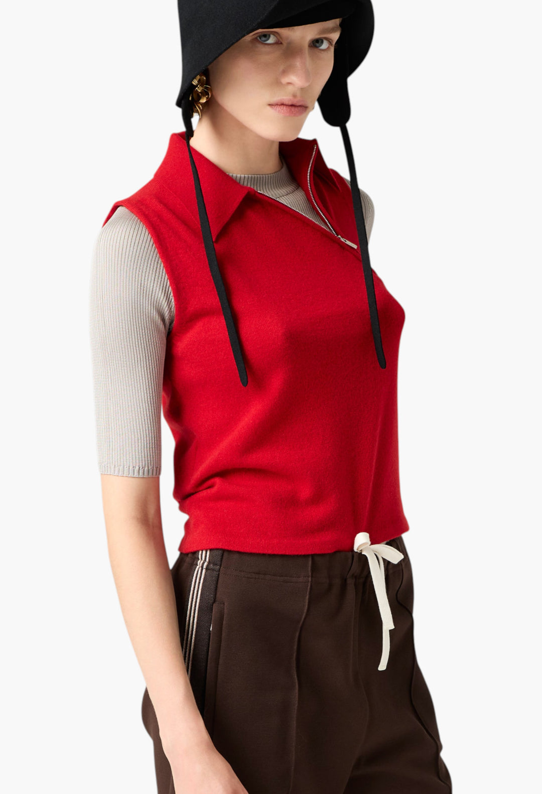 Red - Sleeveless Cashmere Polo Shirt - GLAM MODA